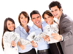 Successful business group with lots of money - isolated over a white background